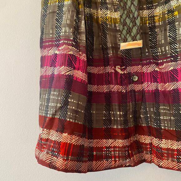 Trina Turk Red Brown Plaid Silk Knee Length Dress Button Down Belted 6 / Medium - Picture 6 of 11